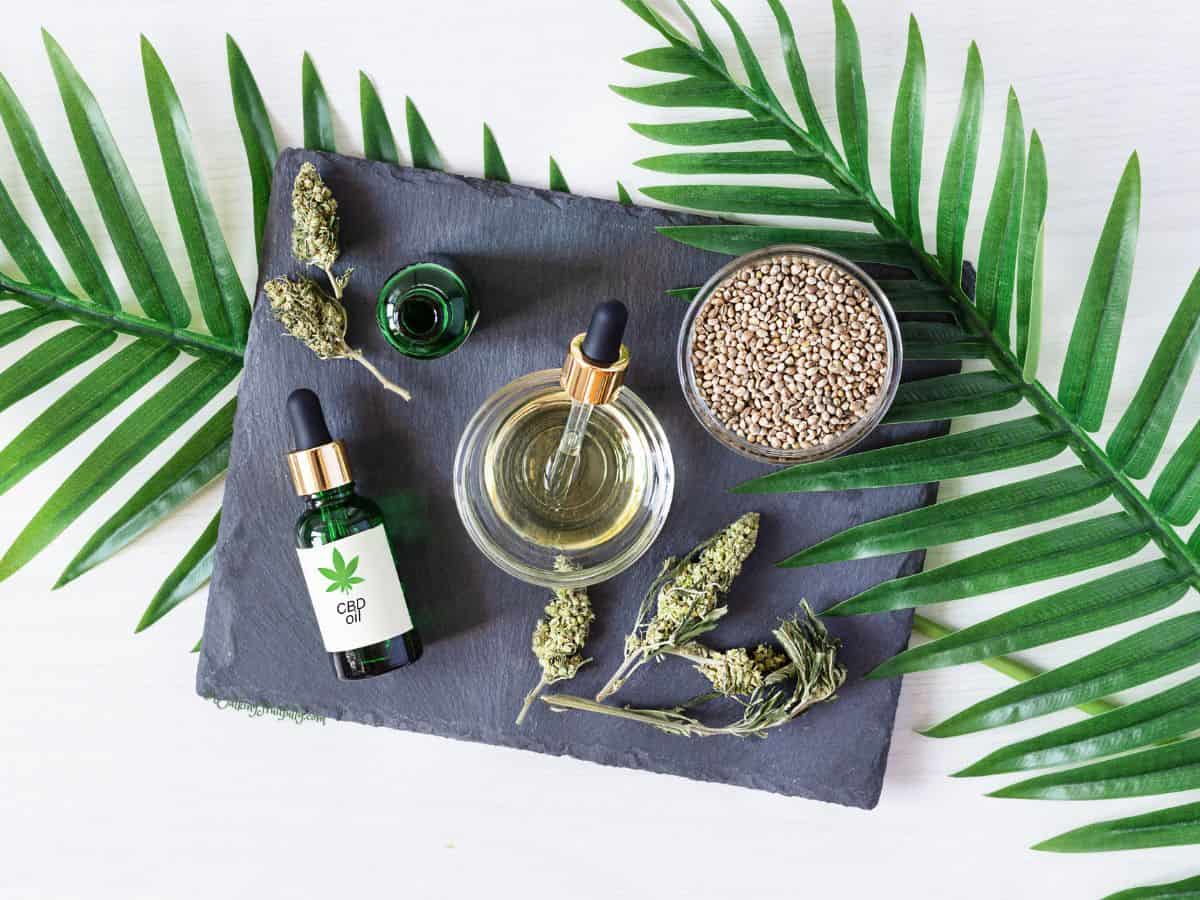 slate tray on palm leaves on white background - flowers, seeds, and oil on slate tray