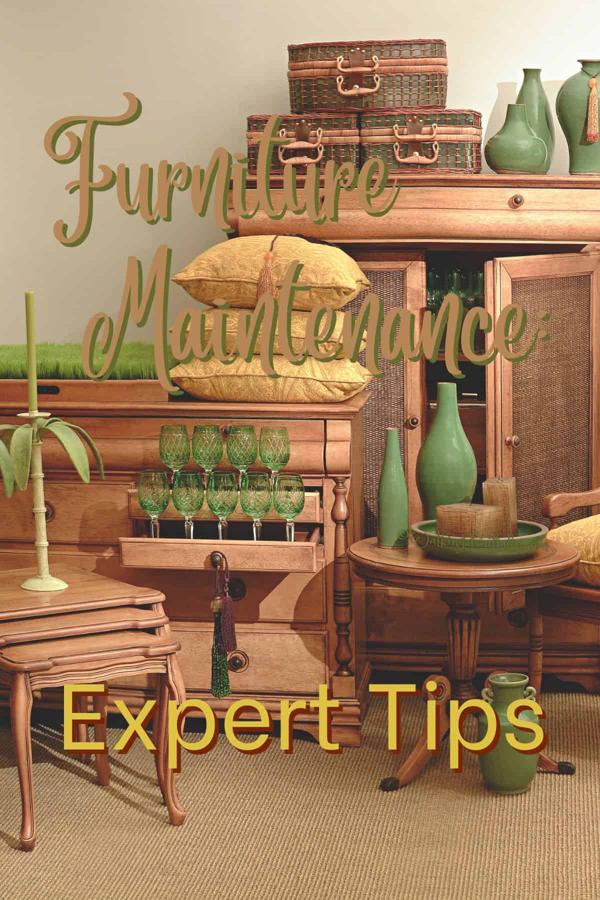 Brown wooden furniture with golden yellow cushions and green decor pieces | Furniture Maintenance: Expert Tips