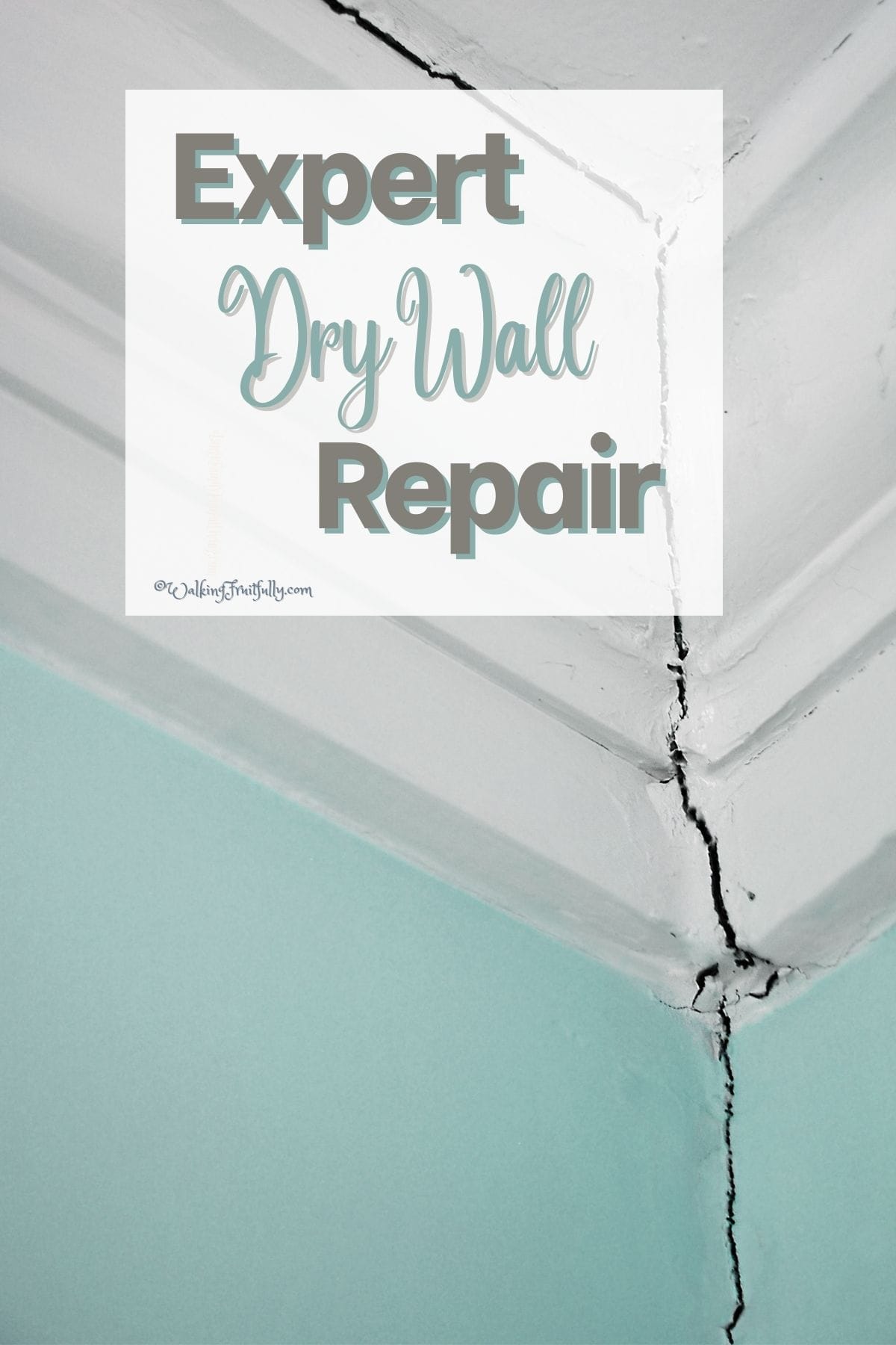 Crack at corner of interior wall from white ceiling through white molding and down through light blue wall | Expert Dry Wall Repair