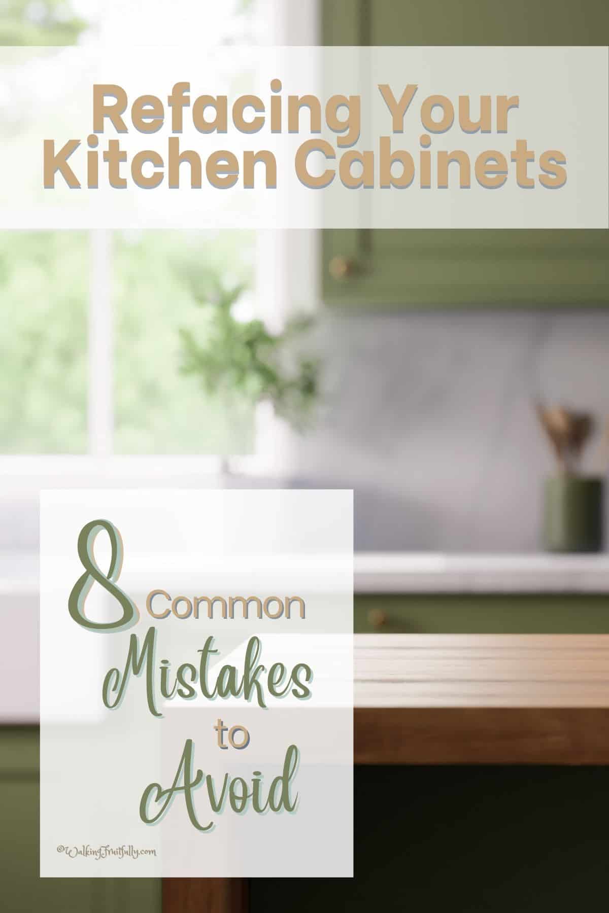 Modern kitchen countertops - wood on island in foreground, light stone in background with green cabinets | 8 Common Mistakes to Avoid when Refacing Your Kitchen Cabinets